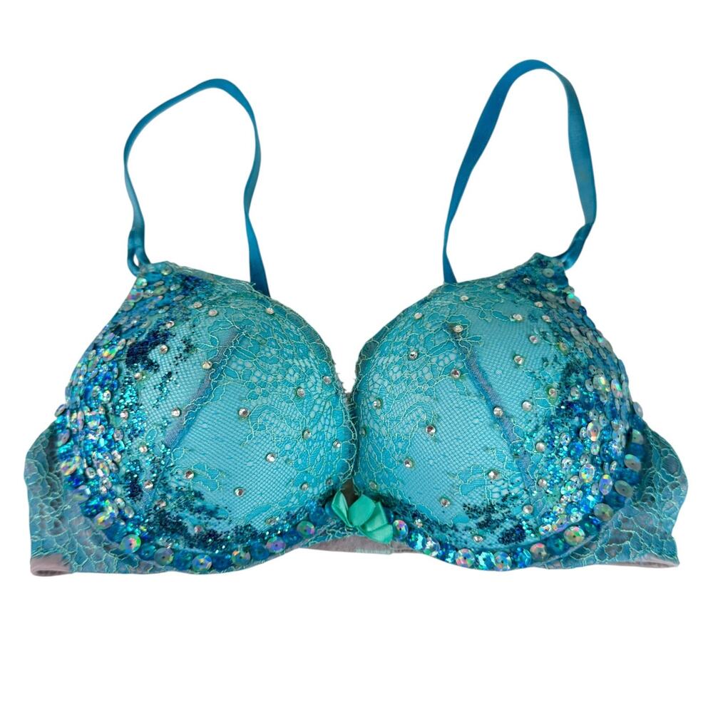 Victorias Secret VS Bombshell Plunge Bra Rhinestone Blue Convertible Push Up 34A